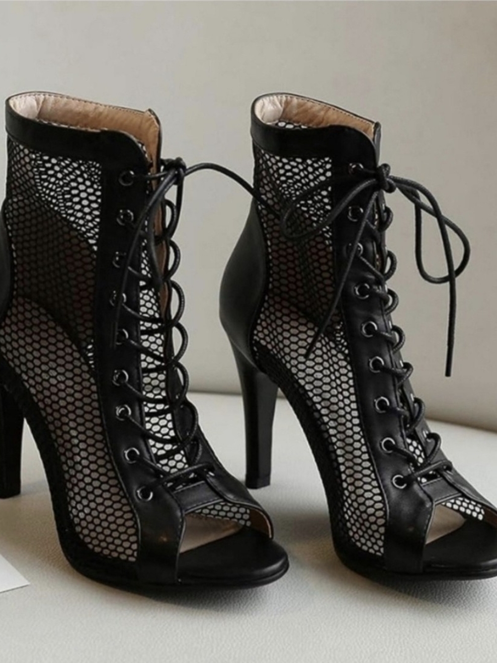 A Classy Chic Boutique Black Lace-Up Mesh Peep-Toe Stiletto Booties